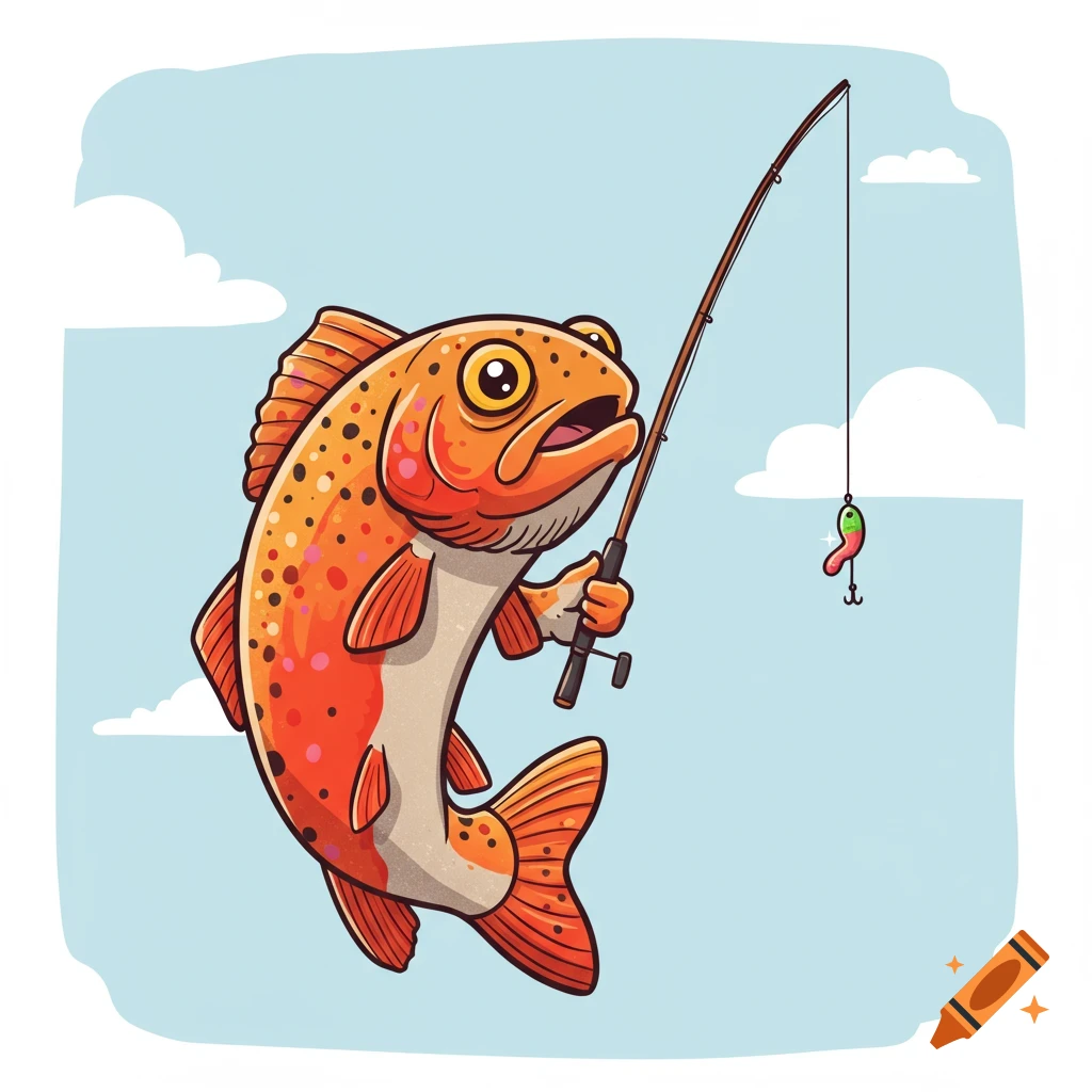 A cartoon fish holds a fishing pole with a lure hanging from the line.