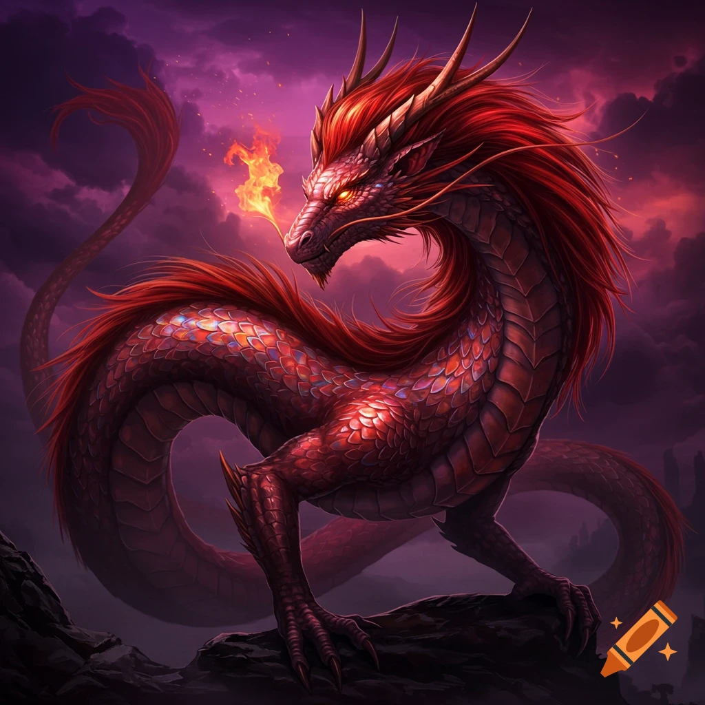 A red dragon with fiery breath stands on rocks under a dramatic purple sky.