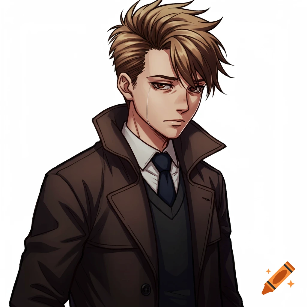 Anime style portrait of a sad man in a brown trench coat with a tear on his cheek.