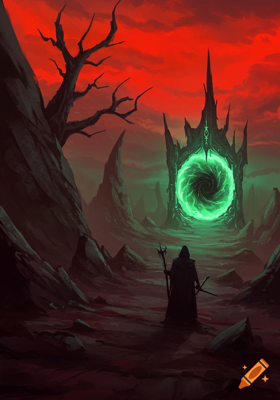 A hooded figure stands before a dark fortress with a swirling green portal in a red-sky landscape.