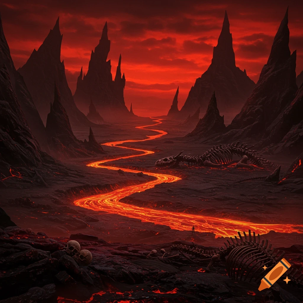 A dark, hellish valley with a winding lava river, spikey mountains, and scattered skeletons under a red sky.