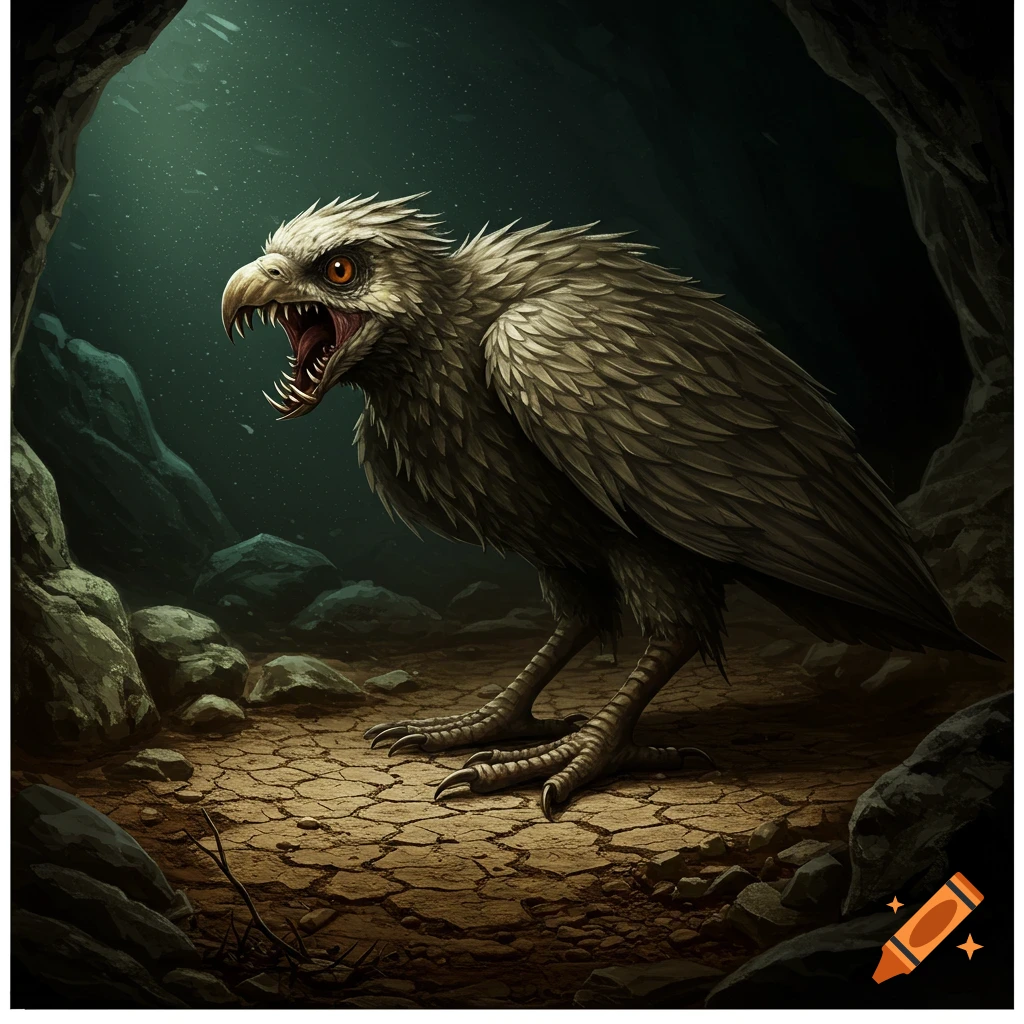 A fanged bird-like monster in a dark cave with cracked earth.