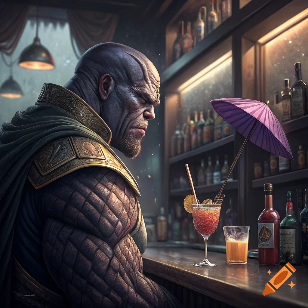 Thanos sits at a bar counter next to a fruity drink.