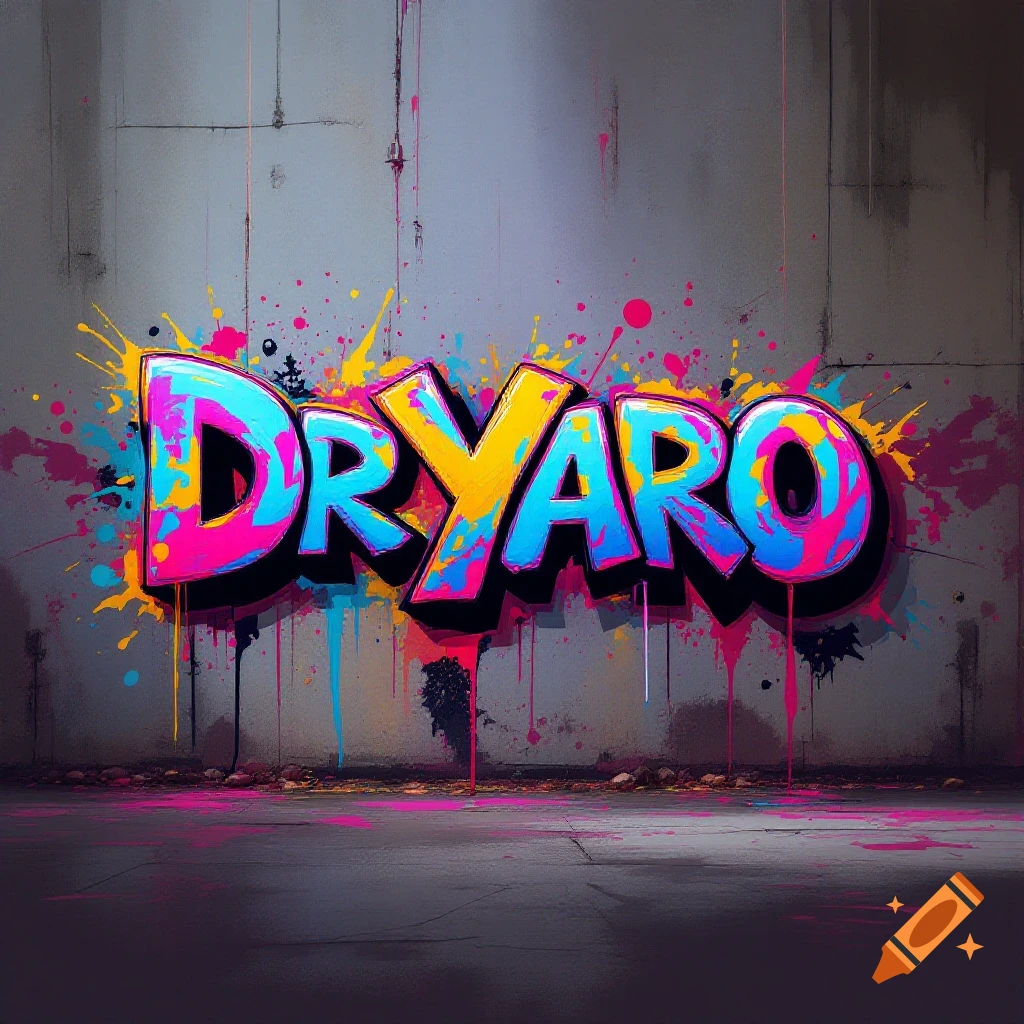 Bold, colorful graffiti art of the word DRYARO with paint splatters on a concrete wall.