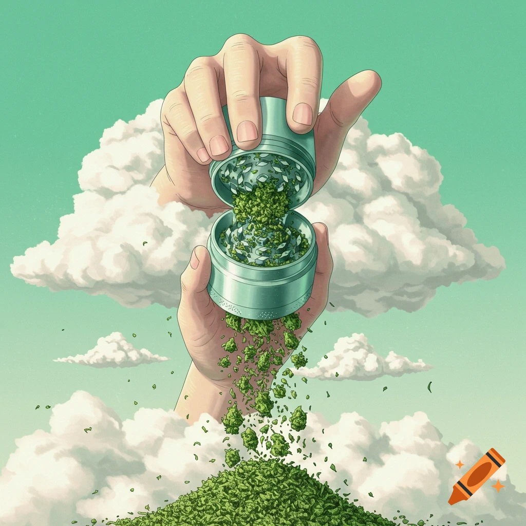 Hands in clouds grinding marijuana that falls like rain onto a pile.