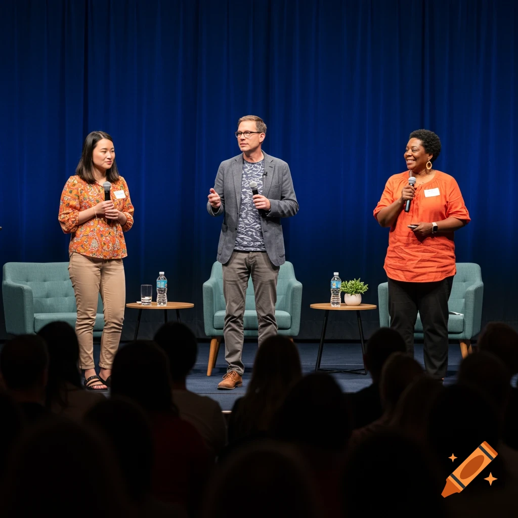 Three speakers on a stage with microphones, addressing an audience.
