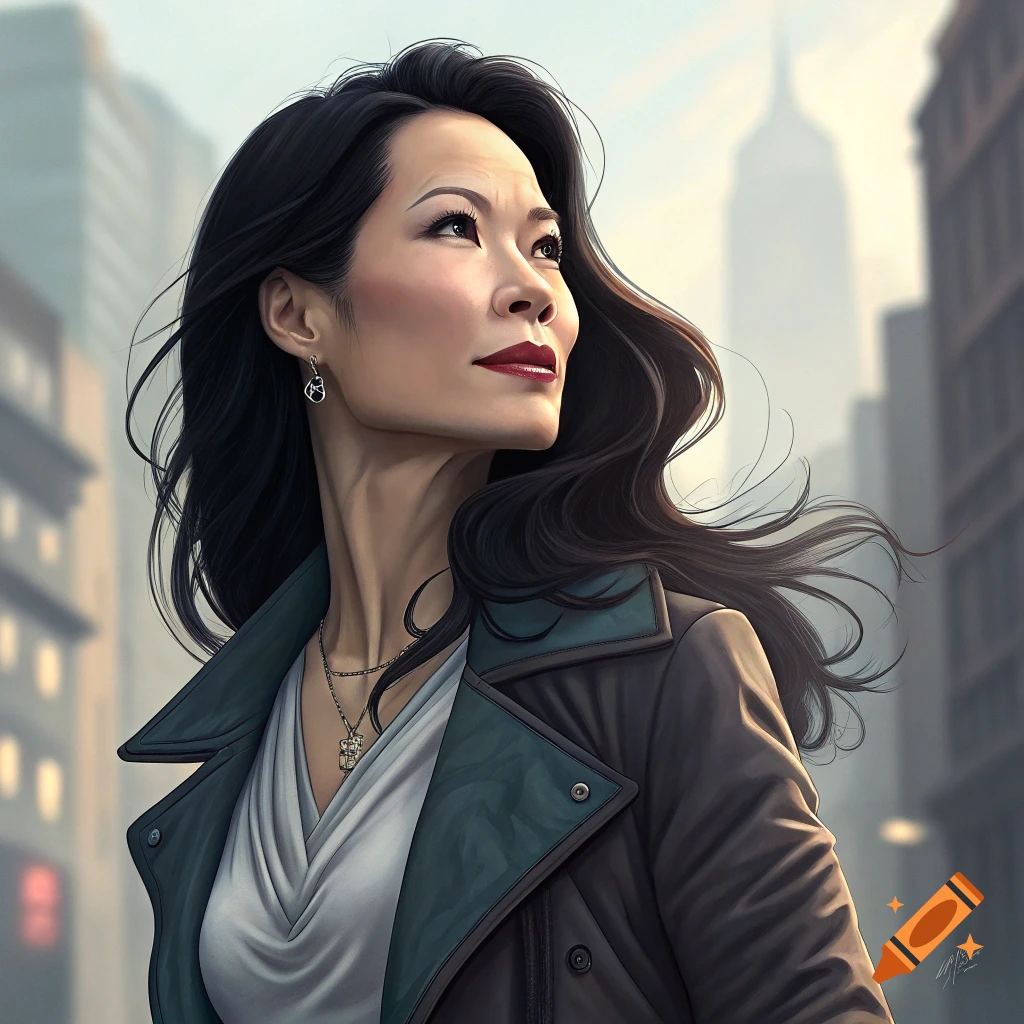 A woman in a city looking up.
