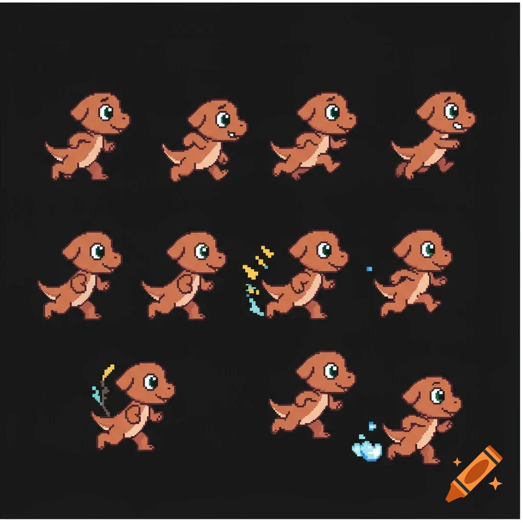Pixel art animation sheet of a small brown dinosaur running and showing effects.