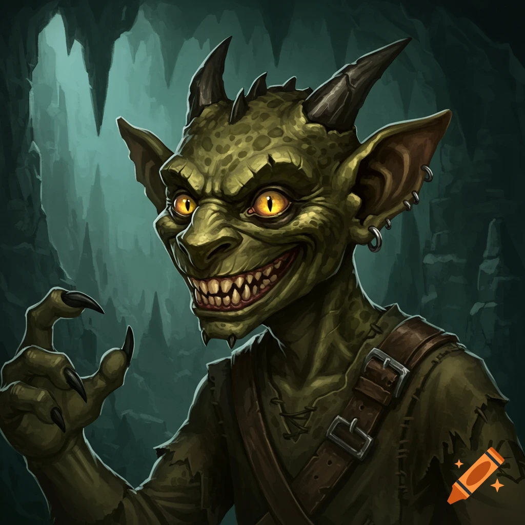A nefarious-looking green goblin creature with horns and sharp teeth in a cave.