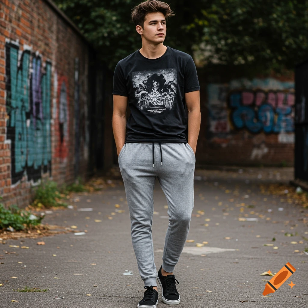 Young man in black t-shirt and grey sweatpants standing in an alley