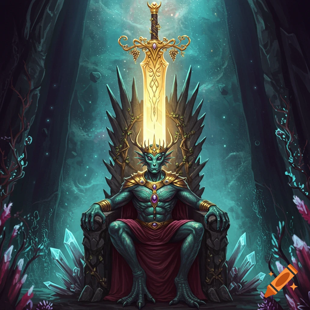 Alien king seated on a throne with a large sword above, in a dark, crystalline setting.