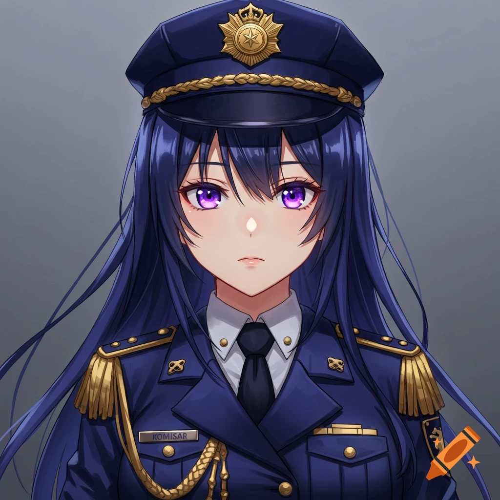 Anime girl with purple eyes in a dark blue uniform and hat