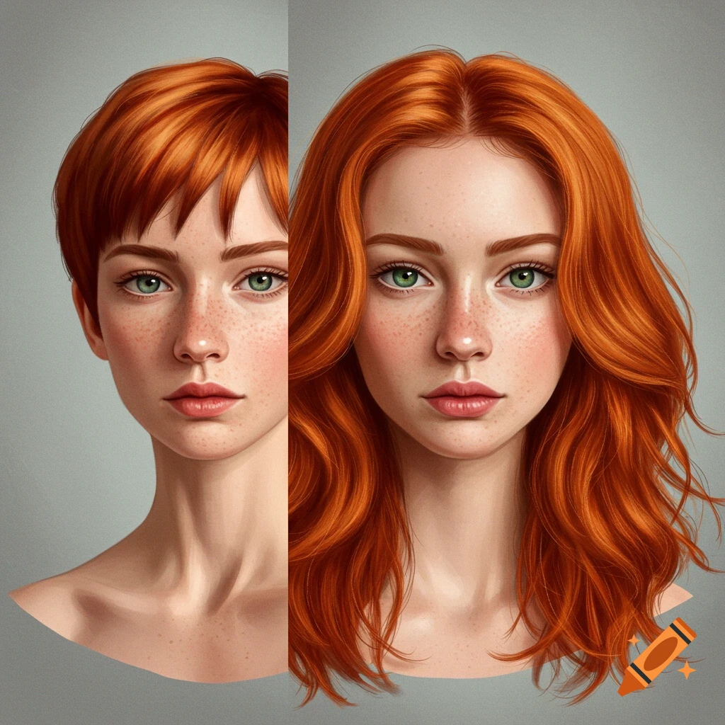 A portrait of a redheaded woman with freckles and green eyes, showing both short and long hair
