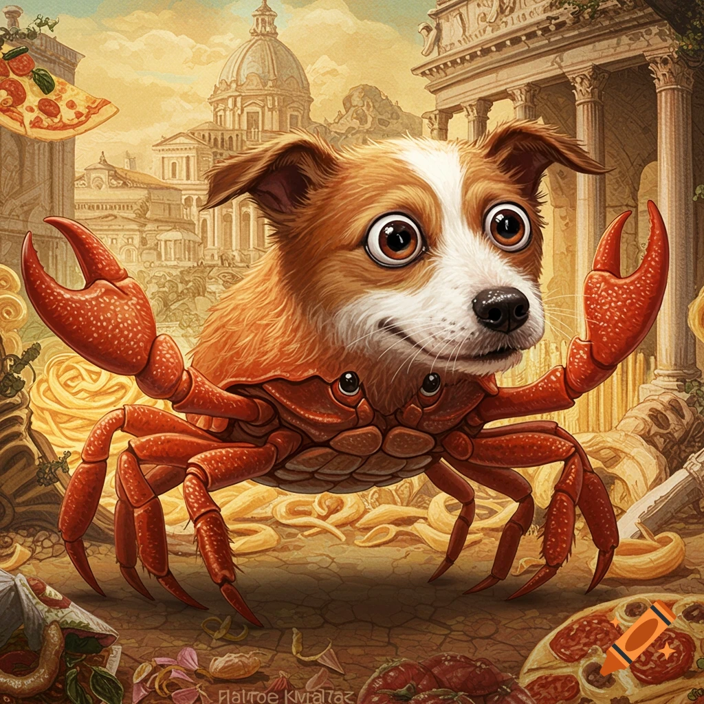 Surreal of a dog's head on a crab's body surrounded by pasta, pizza, and Roman ruins
