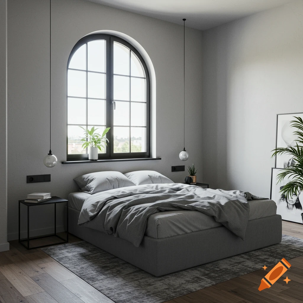 A modern minimalist bedroom with a large arched window, grey bed, and dark furniture. Photorealistic render.