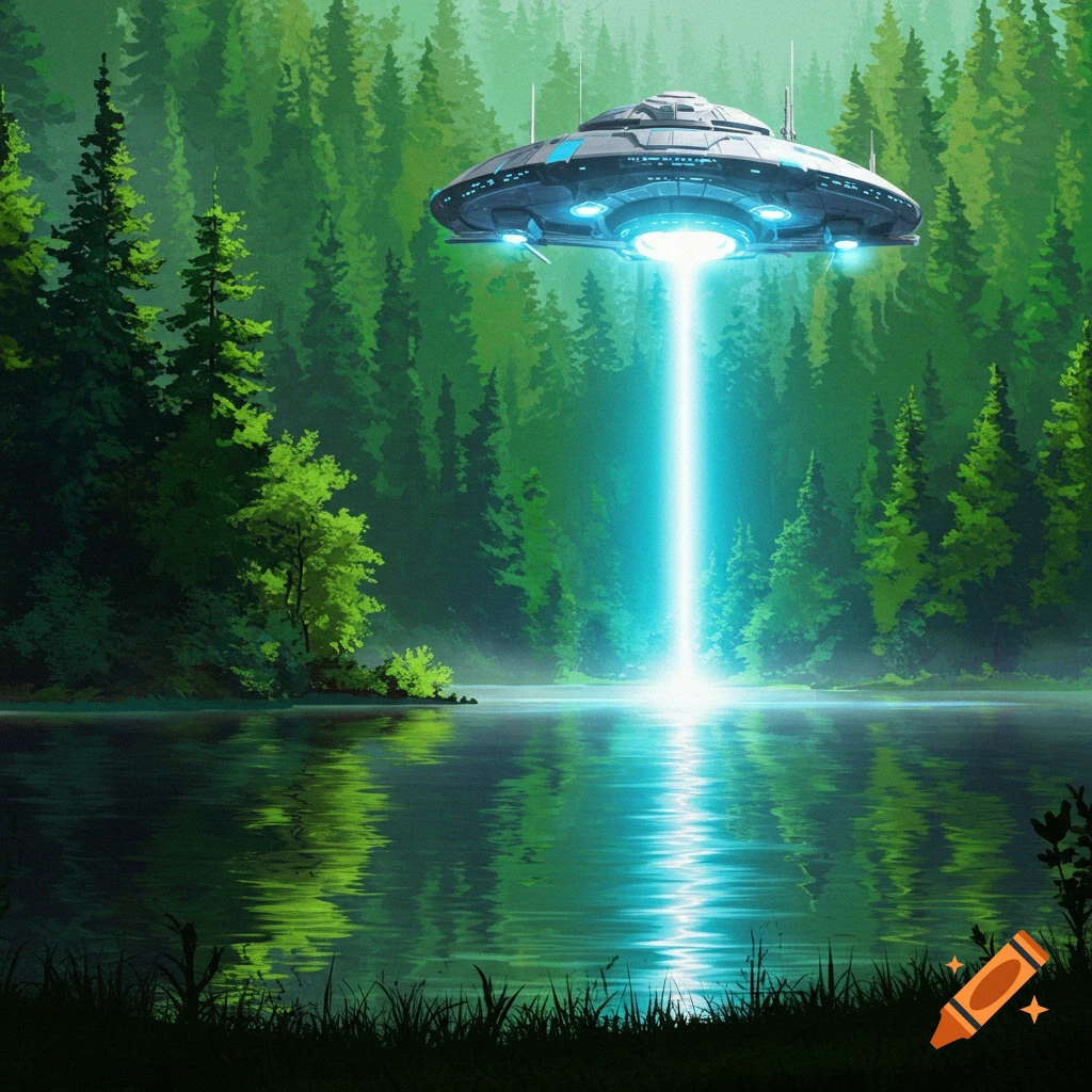 A UFO beams light onto a lake in a forest.