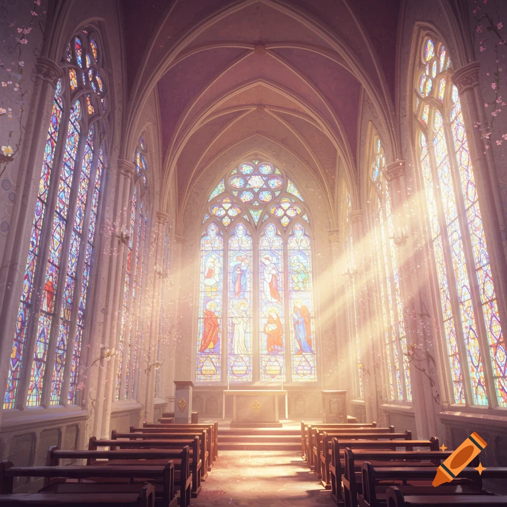 Ethereal chapel interior with stained glass windows and sunbeams shining through.