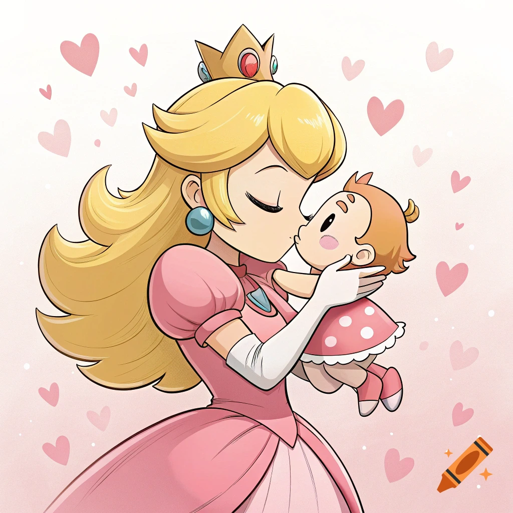 Cartoon illustration of Princess Peach holding and kissing a baby.