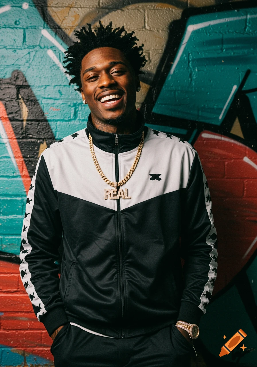 A man in a tracksuit with a gold chain reading "REAL" stands smiling in front of graffiti.