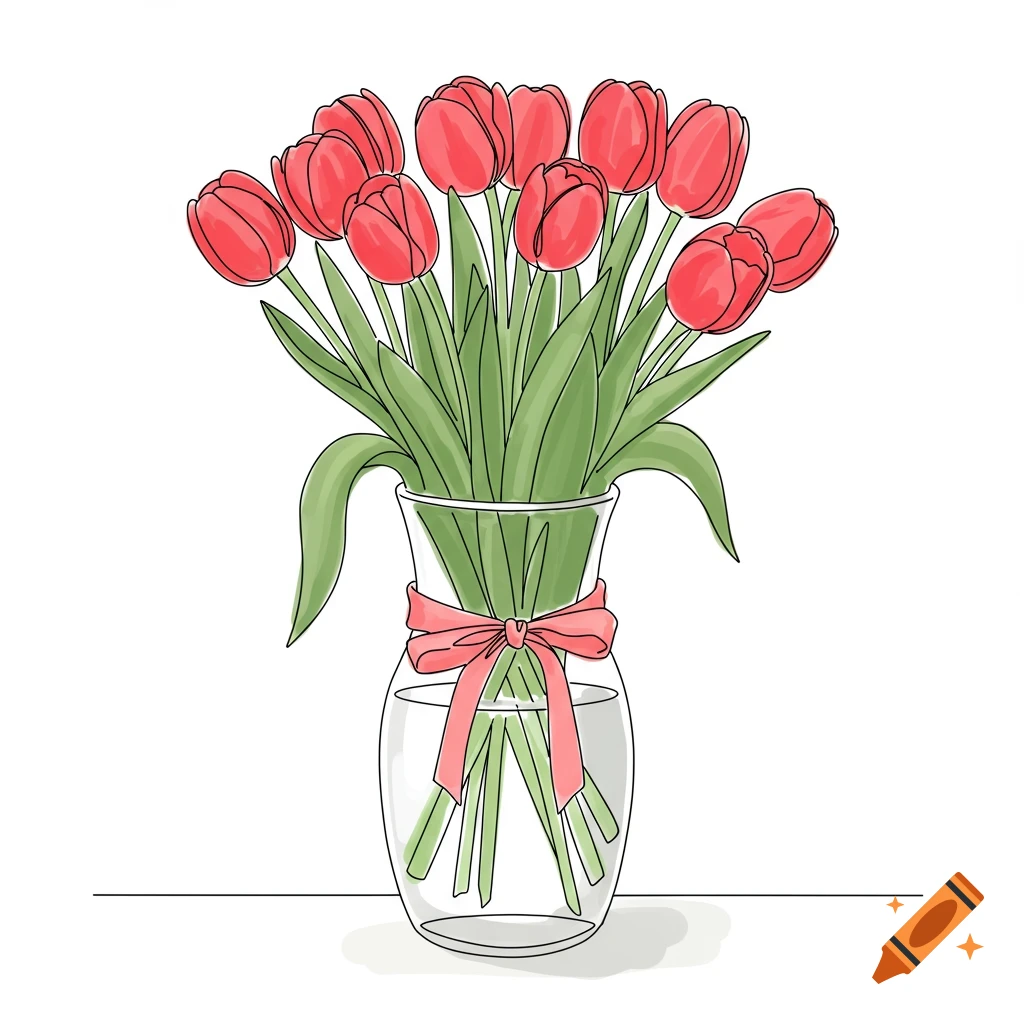 Simple line drawing of red tulips in a glass vase with a pink bow.