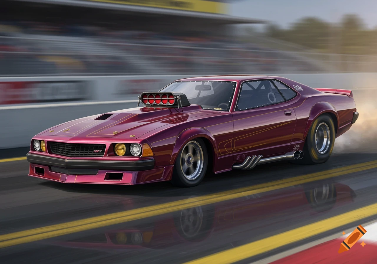 A purple drag car speeding on a race track