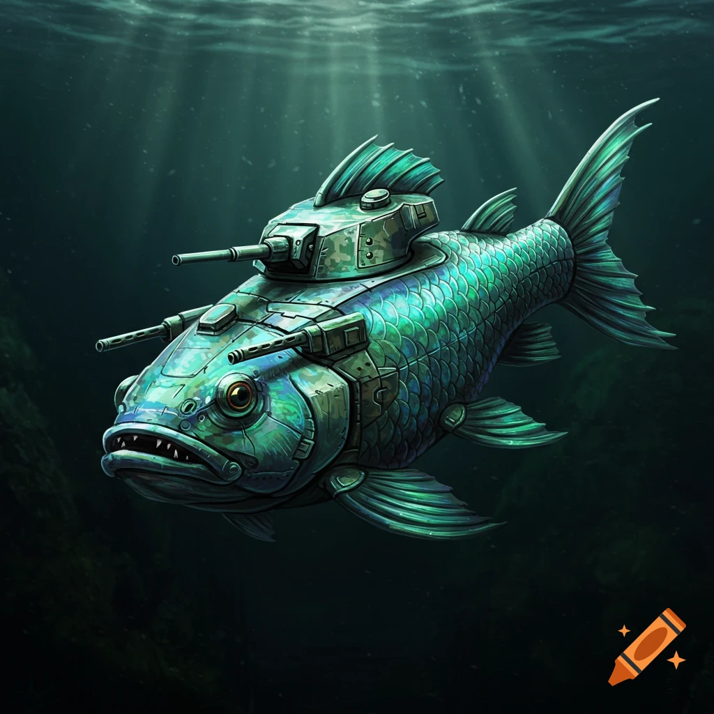 A fish with tank turrets and armor swims underwater.