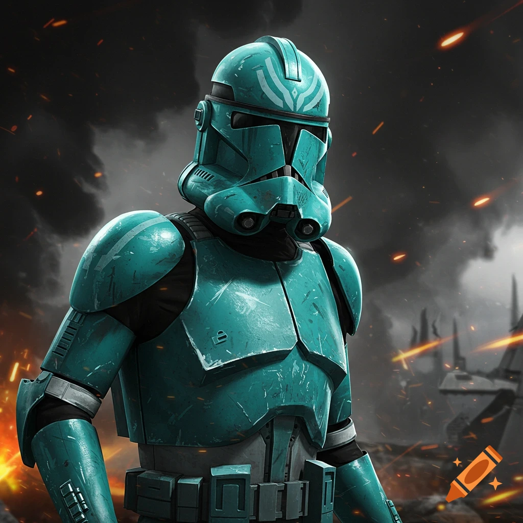 A teal Star Wars clone trooper on a smoky battlefield