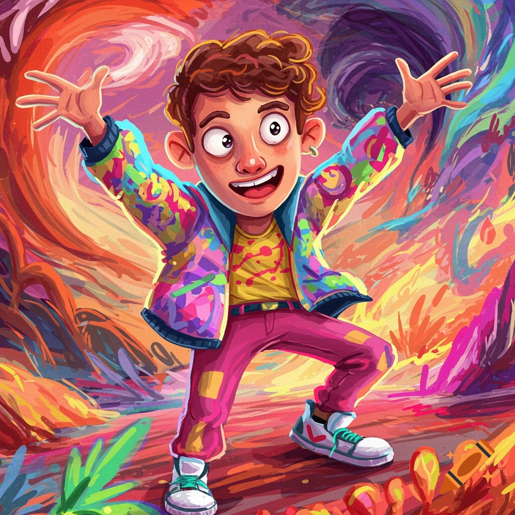 A boy in a colorful jacket stands with arms raised in a vibrant, swirling fantasy landscape.