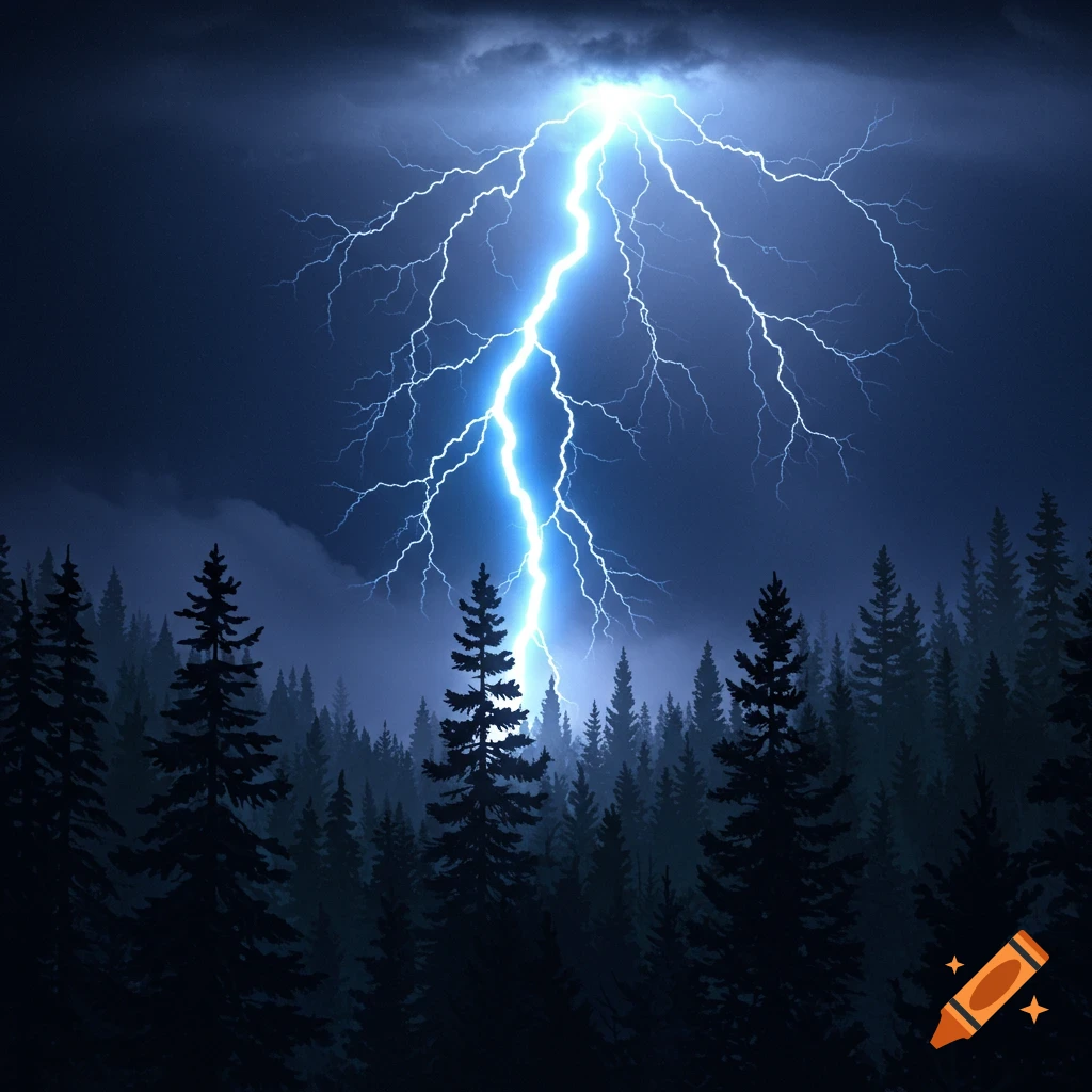 A lightning strike over a dark forest under a stormy sky.