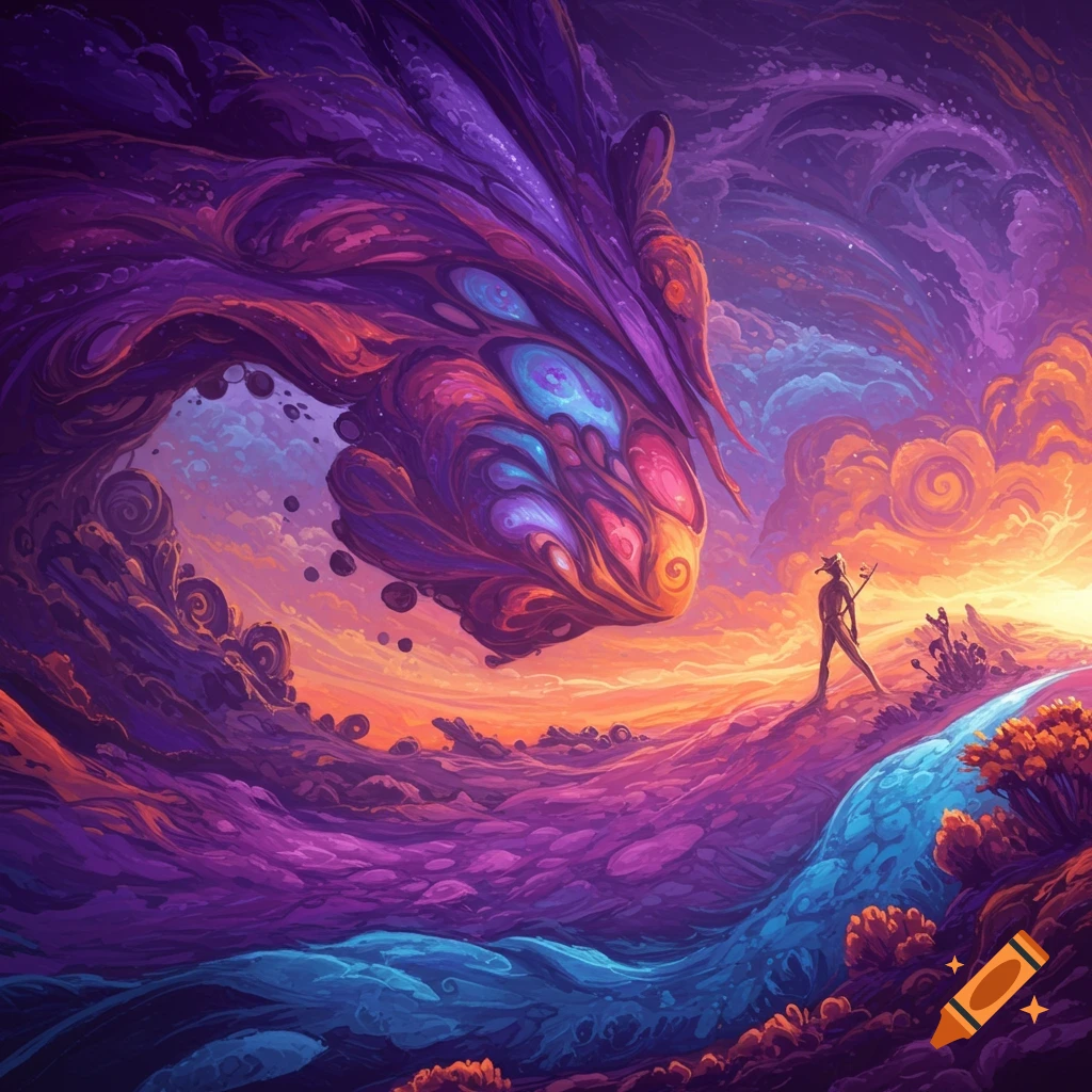 A vibrant fantasy landscape with a large, swirling, colorful creature floating over a person on a hill at sunset.