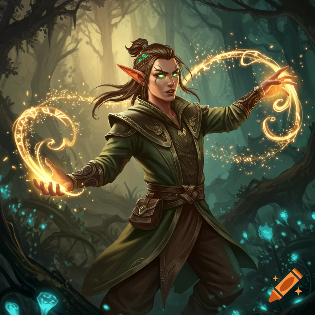 An elf casts magic in a mystical forest.