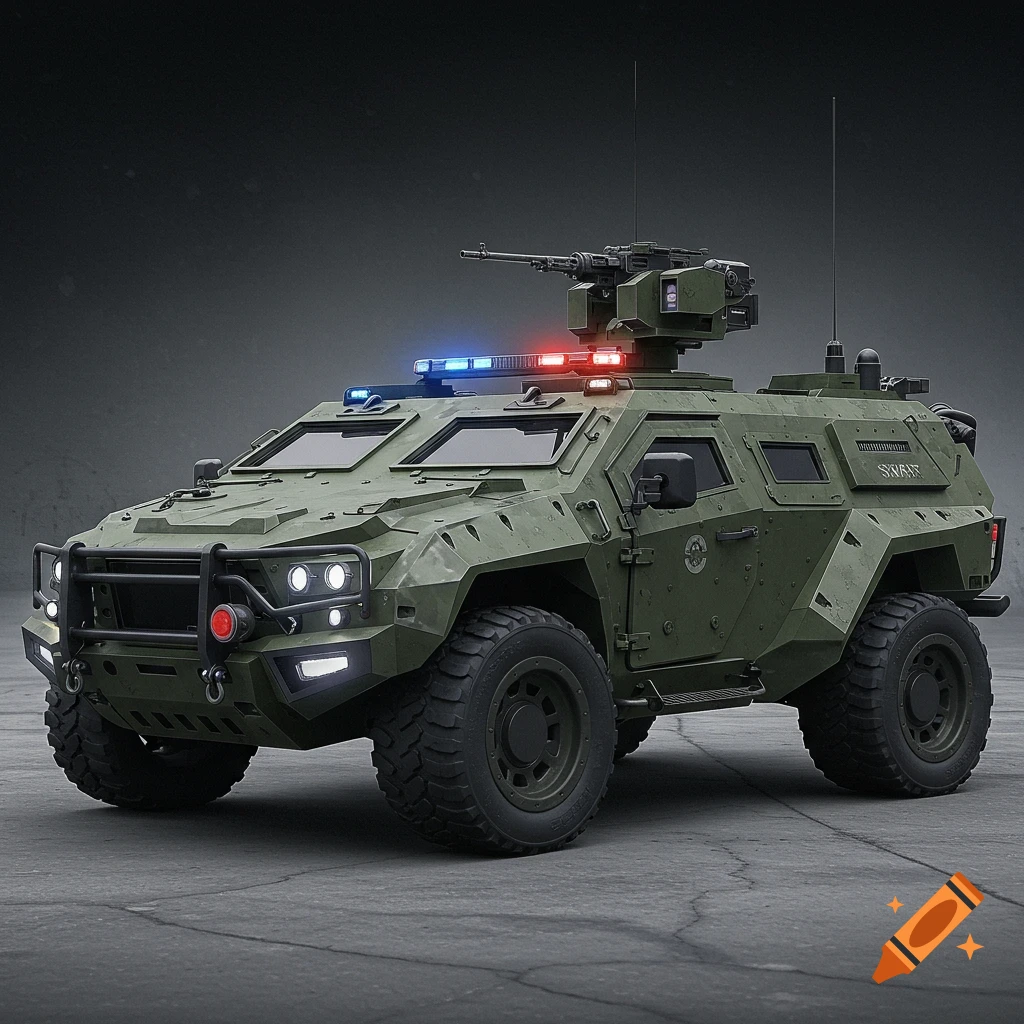 A futuristic military vehicle with a machine gun, police lights, and heavy armor.