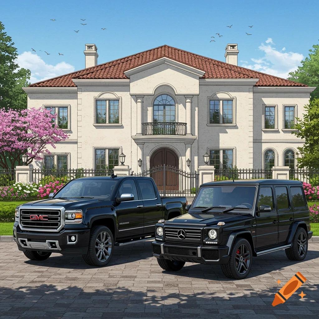 A black GMC Sierra truck and a black Mercedes G-wagon are parked outside a mansion.