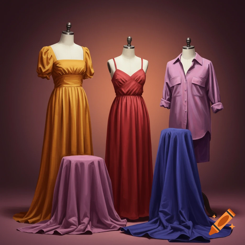 Three mannequins display a yellow dress, red dress, and purple outfit with draped fabric pedestals.