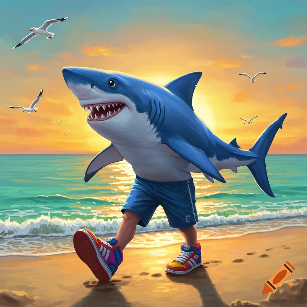 A cartoonish shark with human legs and sneakers walks along a beach at sunset.