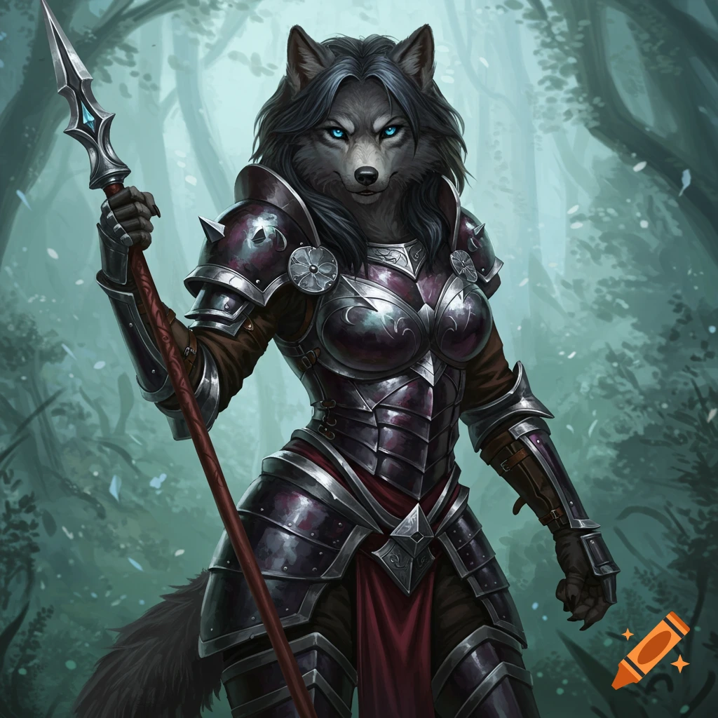 A fantasy wolfwoman warrior in dark armor stands in a forest, holding a spear.