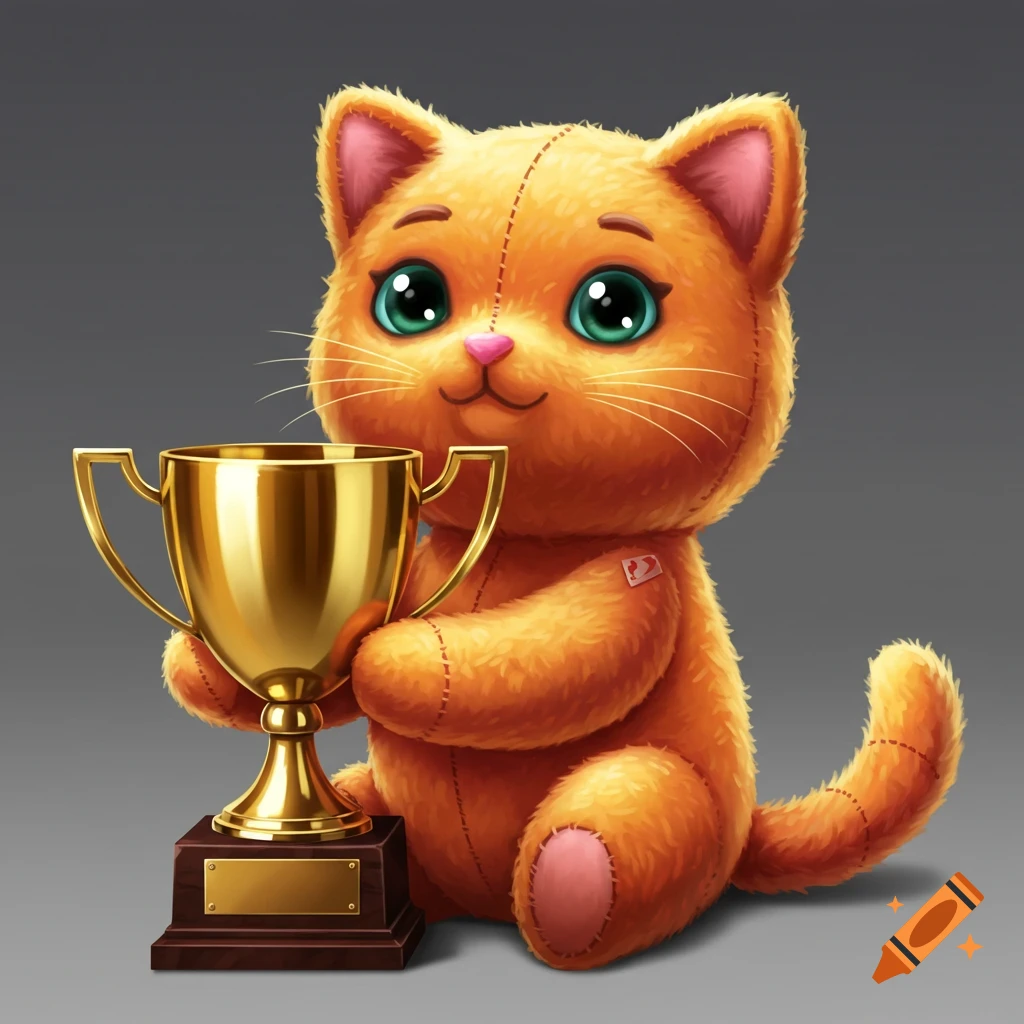 An orange stuffed cat holding a golden trophy.