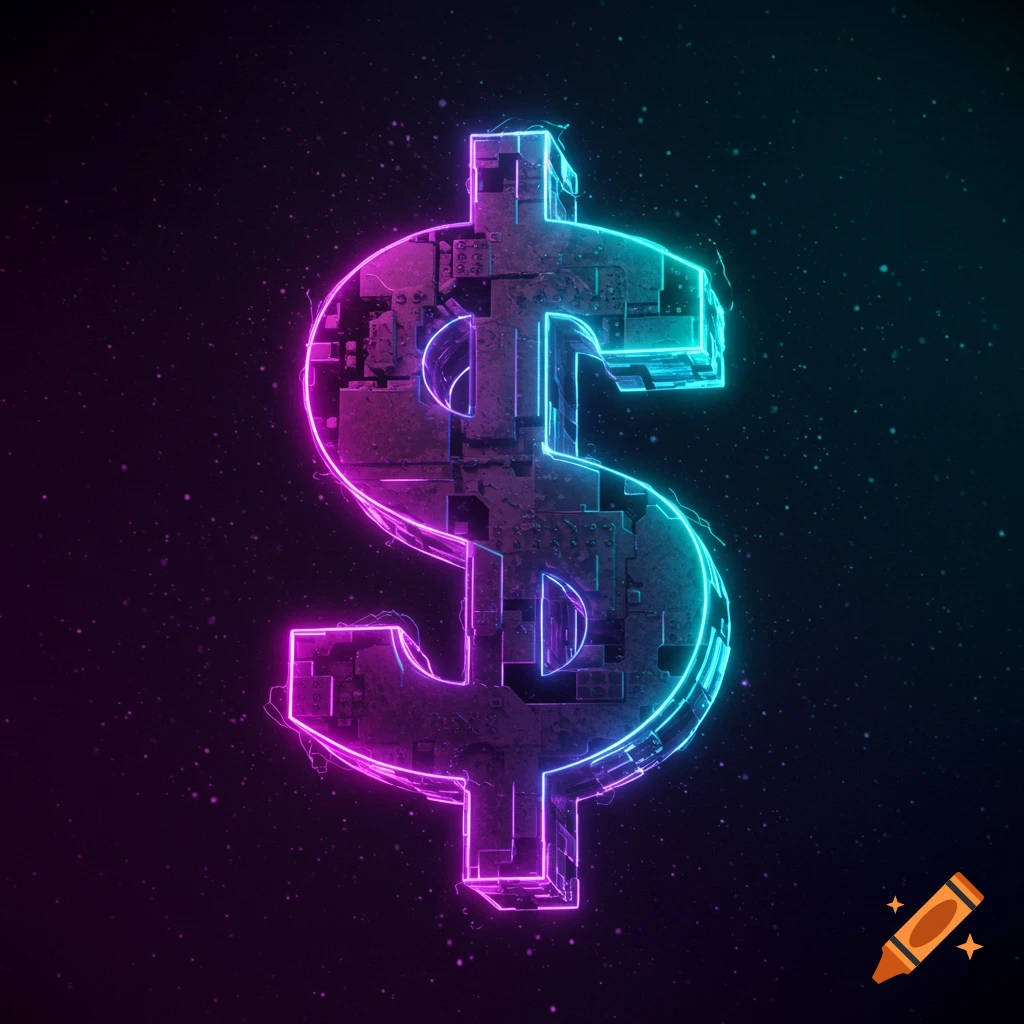 Futuristic dollar sign with neon lighting against a dark background.