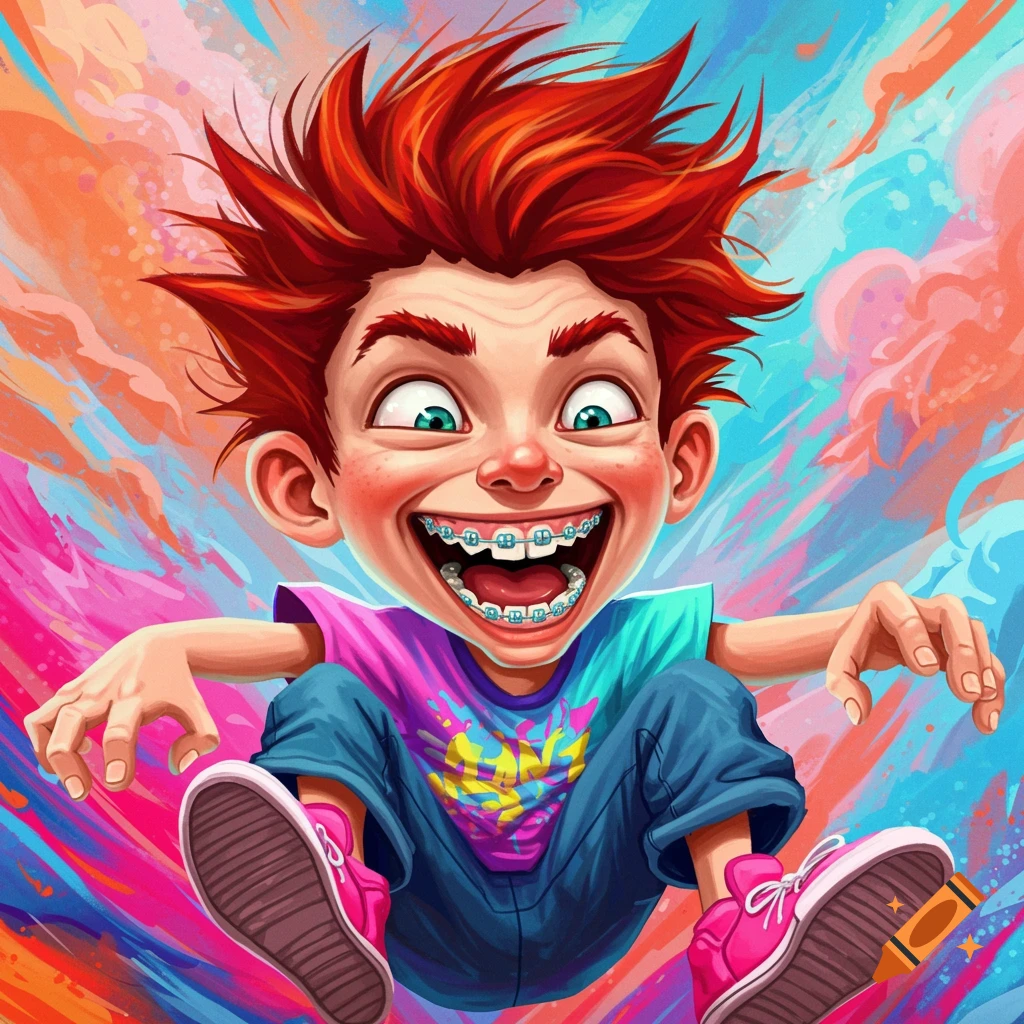 A red-haired cartoon boy with braces is smiling widely against a background of colorful abstract swirls.
