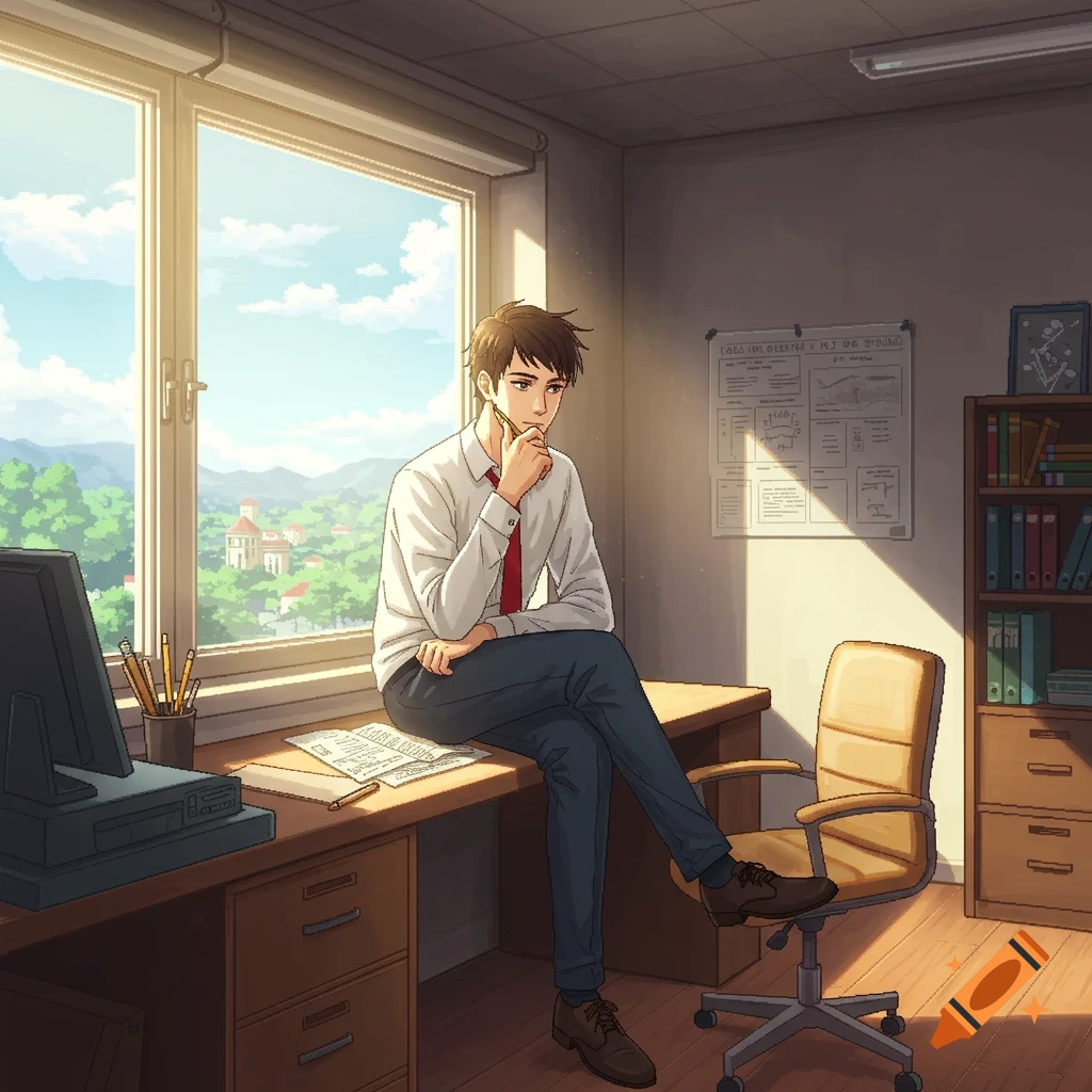 Anime man sits on desk in sunny office looking thoughtful, pixelated style.