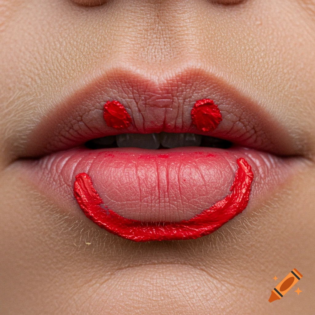 Close-up photo of chapped lips with red paint forming a smiley face.