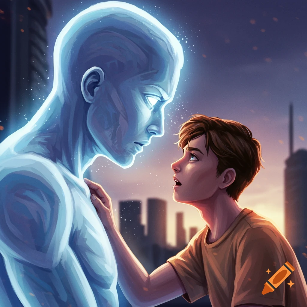 A boy reaching out to a glowing blue humanoid figure against a city backdrop.