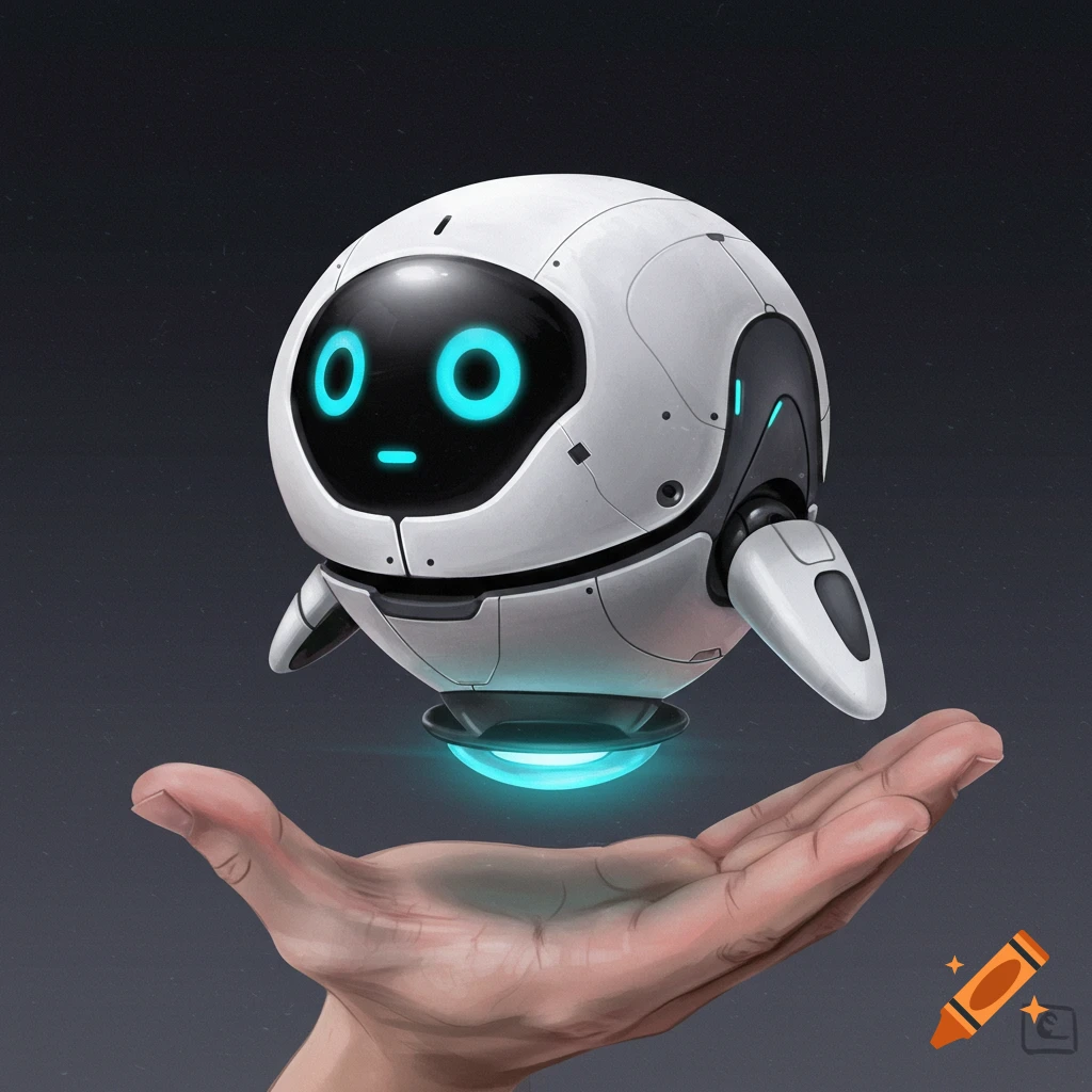 A white sci-fi robot with blue eyes hovers above an outstretched hand