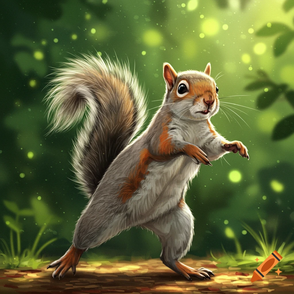 A grey squirrel dancing in a forest.