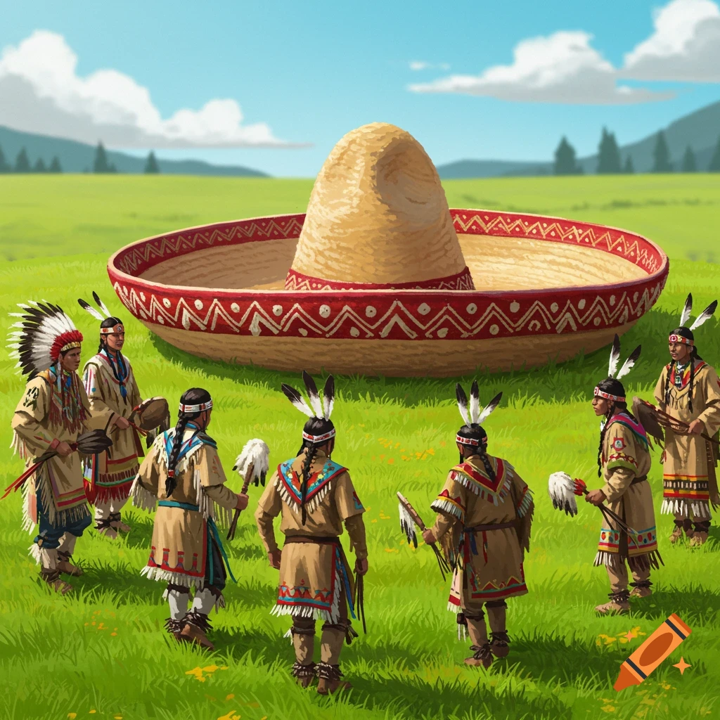 Native Americans in traditional clothing stand in a grassy field around a giant sombrero hat. Illustration.