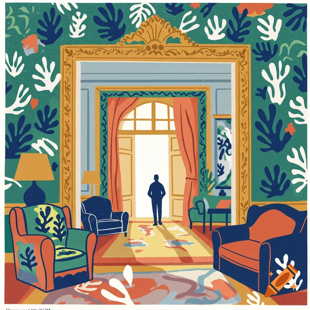 Illustration of a grand room with a large doorway and frame, furniture, and a person standing in the entrance, in a colorful, bold style reminiscent of Matisse.