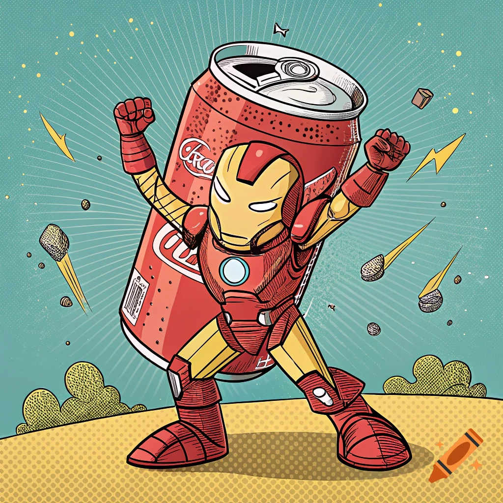 Cartoon Iron Man holding a giant soda can in a comic book style with lightning and rocks.