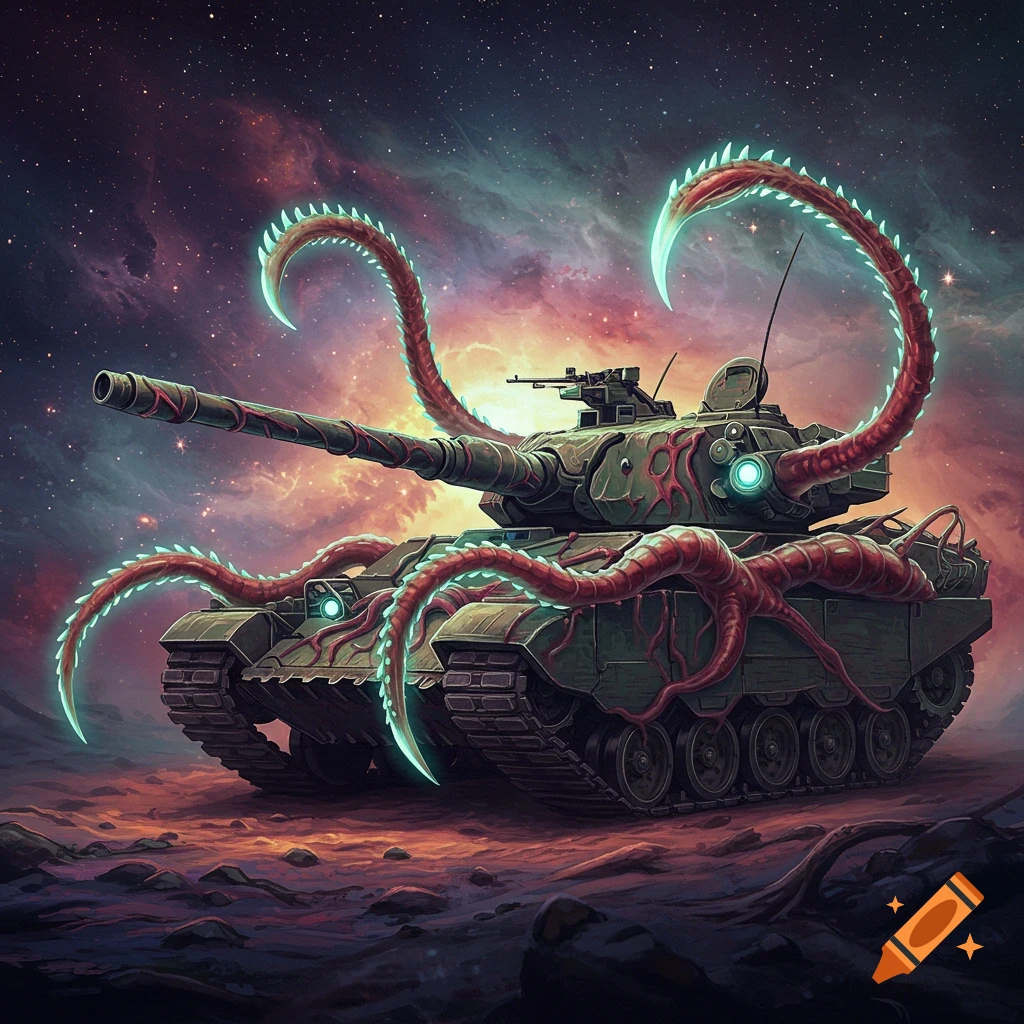 A tank covered in glowing tentacles on an alien landscape under a starry sky.