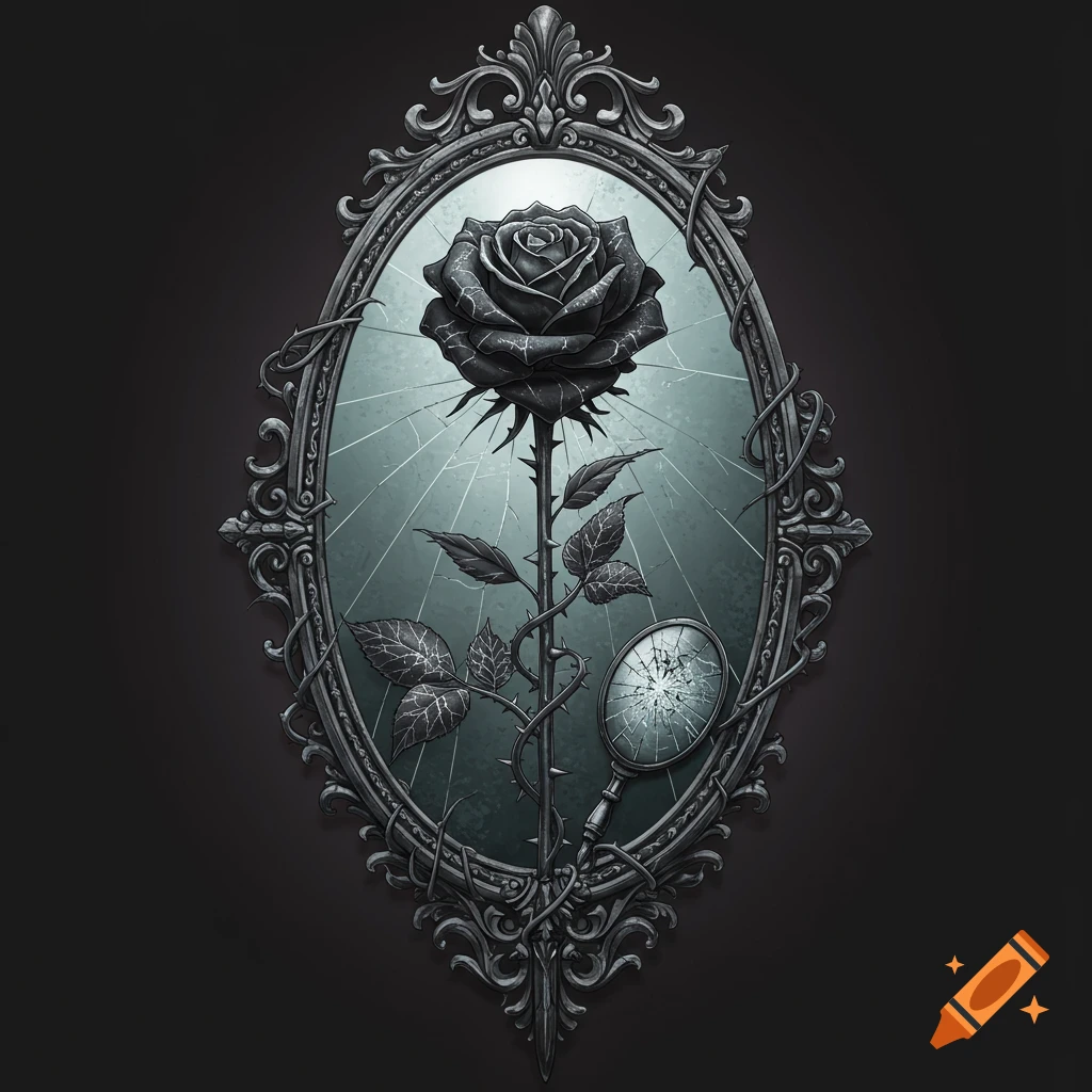 Gothic oval mirror with ornate frame containing a dark rose and a broken hand mirror, digital art.