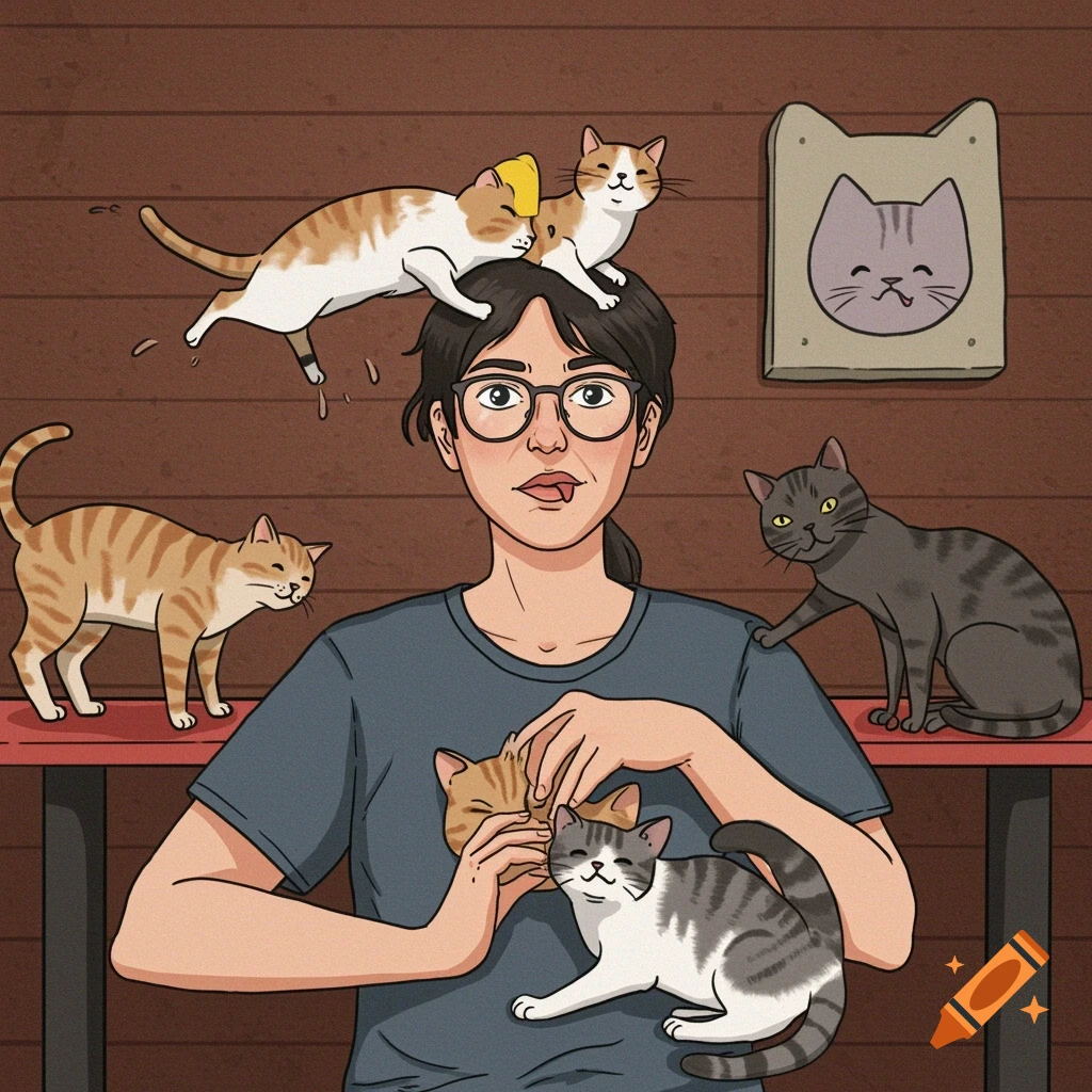 Stylized illustration of a woman with several cats in a cafe, including one on her head and one near her arm.